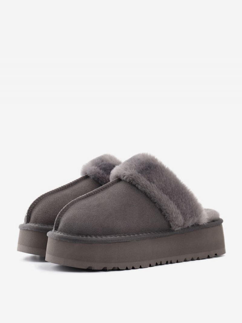 Chinelos Femininos Camurça Com Plataforma Marrom Redondo Bico Curto Detalhe Pelúcia Inverno - Cinza Profundo