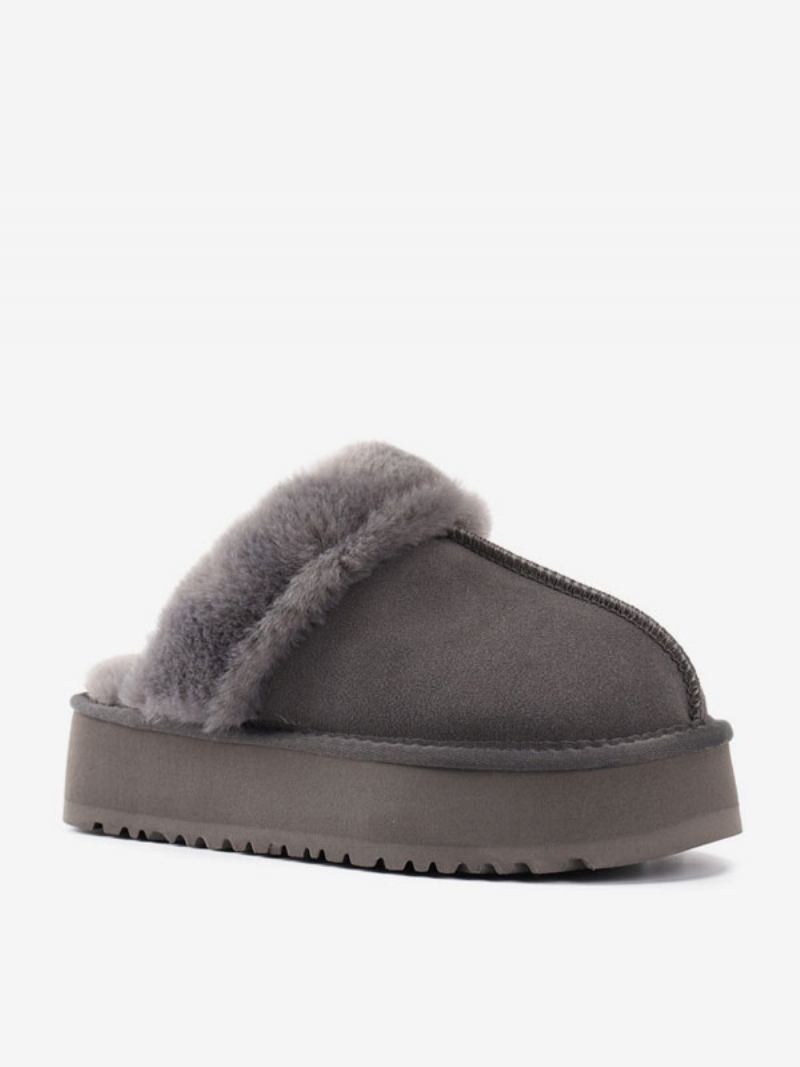 Chinelos Femininos Camurça Com Plataforma Marrom Redondo Bico Curto Detalhe Pelúcia Inverno - Cinza Profundo