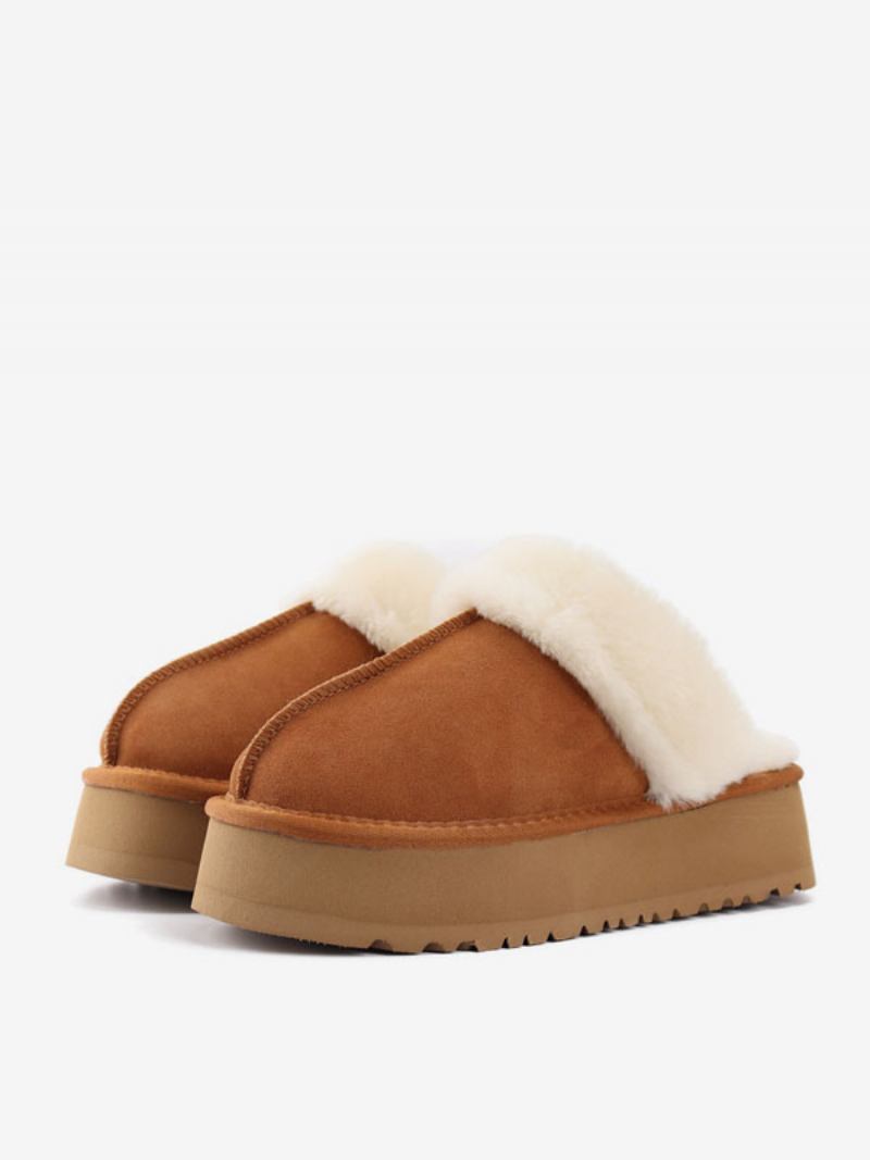 Chinelos Femininos Camurça Com Plataforma Marrom Redondo Bico Curto Detalhe Pelúcia Inverno - Castanho Café