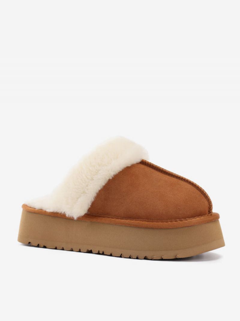 Chinelos Femininos Camurça Com Plataforma Marrom Redondo Bico Curto Detalhe Pelúcia Inverno - Castanho Café
