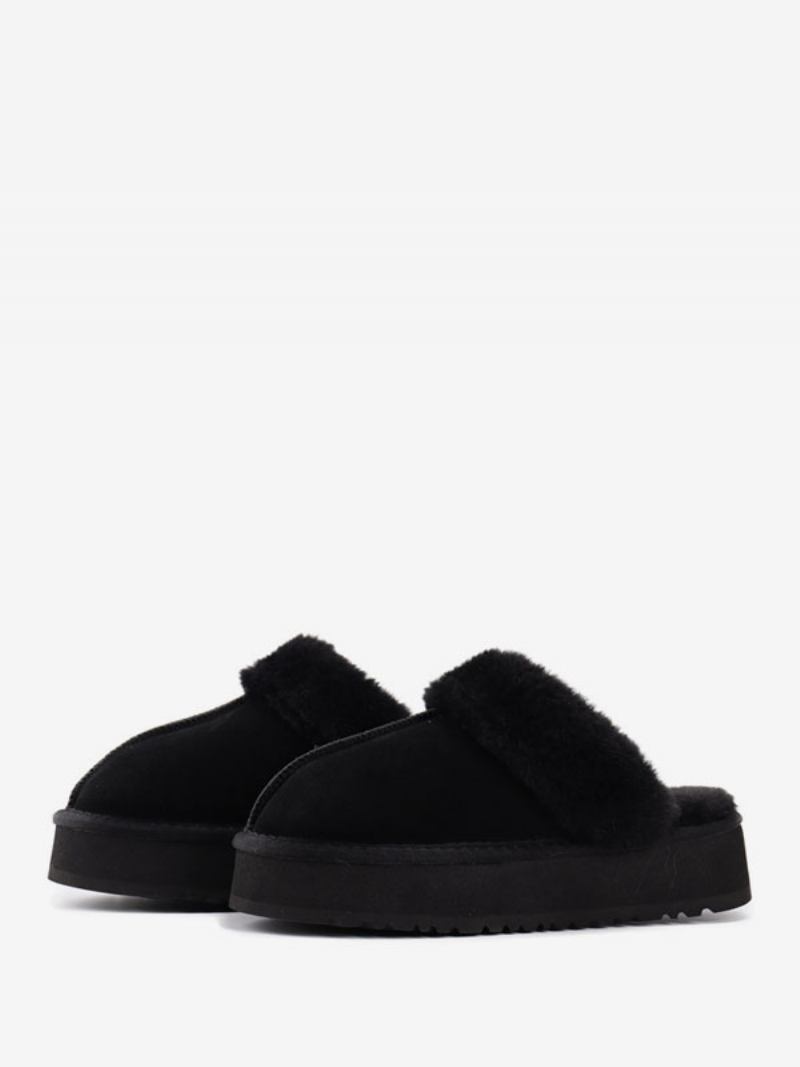 Chinelos Femininos Camurça Com Plataforma Marrom Redondo Bico Curto Detalhe Pelúcia Inverno - Preto