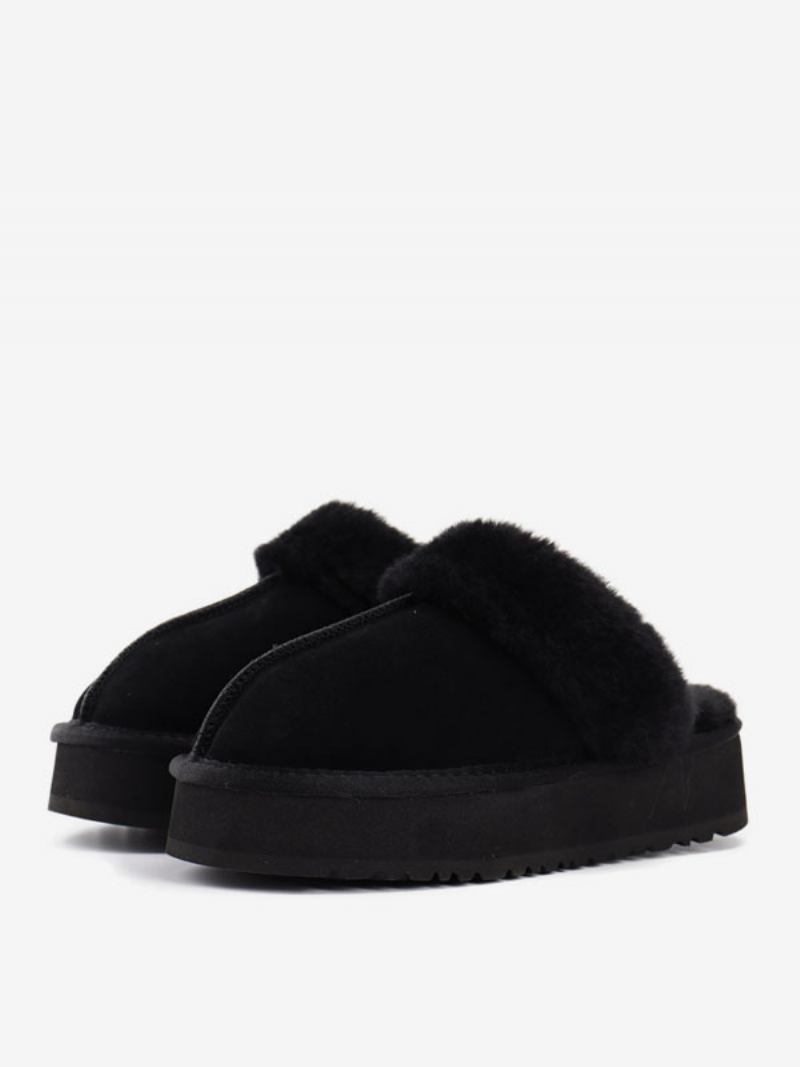 Chinelos Femininos Camurça Com Plataforma Marrom Redondo Bico Curto Detalhe Pelúcia Inverno - Preto