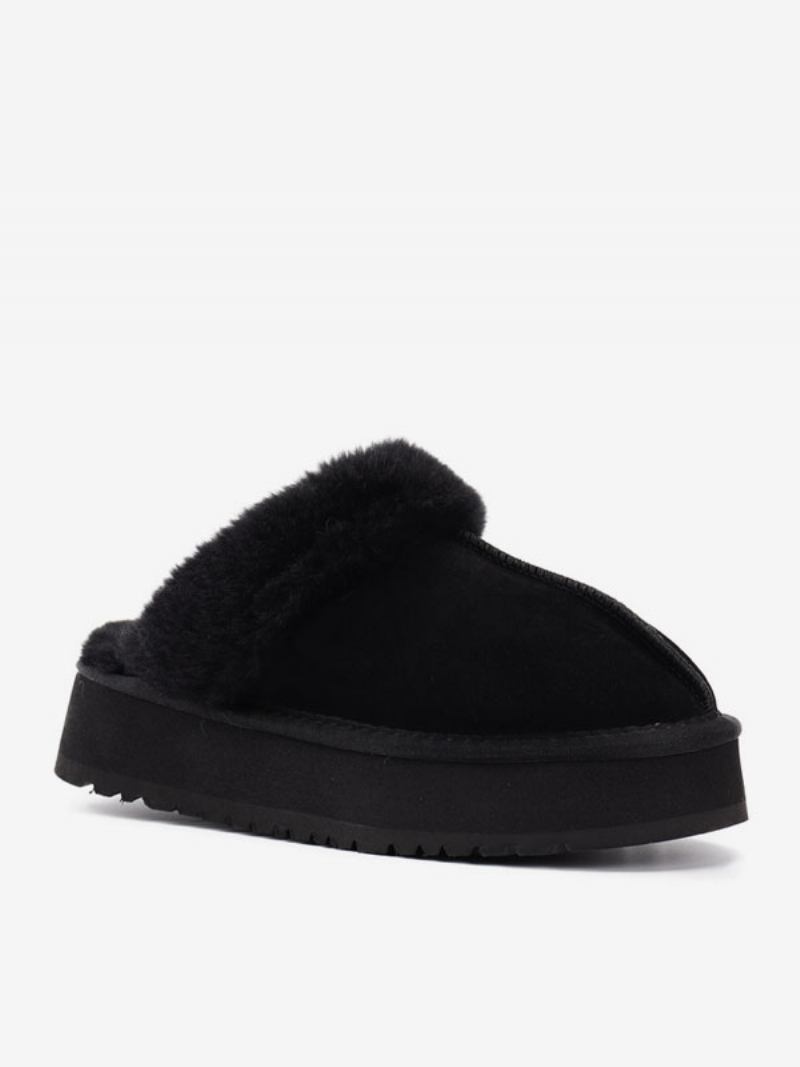 Chinelos Femininos Camurça Com Plataforma Marrom Redondo Bico Curto Detalhe Pelúcia Inverno - Preto