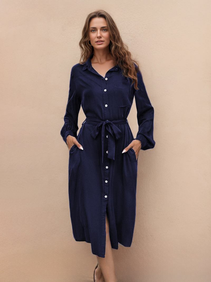Vestido Camisa Feminino Manga Comprida Botões Frontais Vestidos Midi Com Cinto - Marinho Escuro
