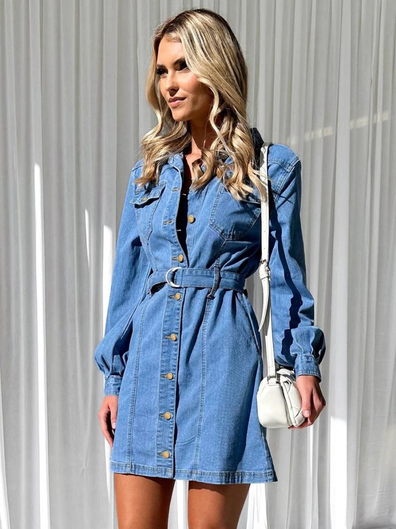 Vestido Jeans Feminino Com Botões E Mangas Compridas Bolsos Minivestidos Casuais -  Azul Céu Claro