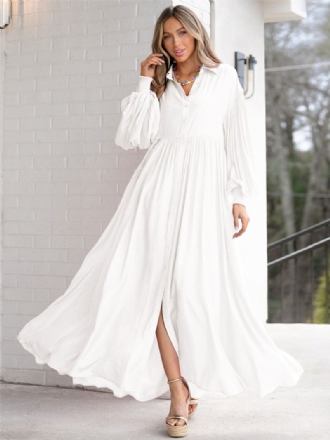Vestido Maxi Feminino Branco Com Gola Aberta E Mangas Compridas Camisa Grande