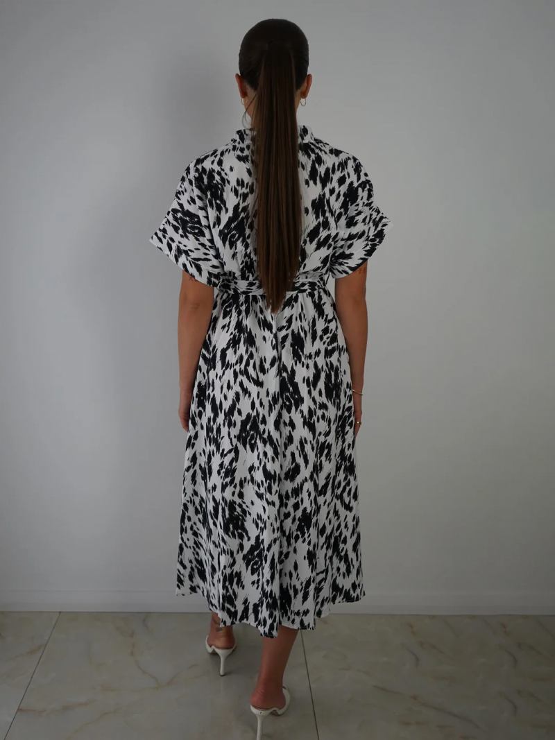 Vestidos Camisa Femininos Em Dois Tons Mangas Curtas Com Cinto Midi Casuais - Branco