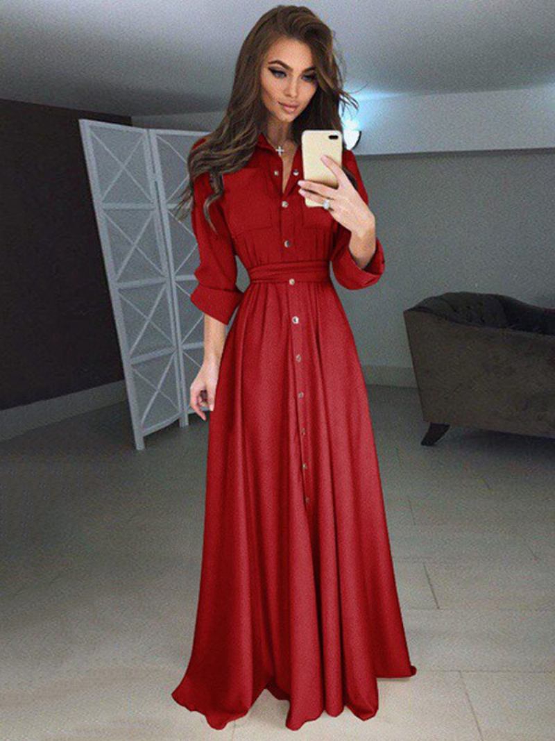 Vestidos Maxi Femininos Cintura Alta Gola Botões Mangas Compridas Até O Chão Vestido Camisa - Vermelho