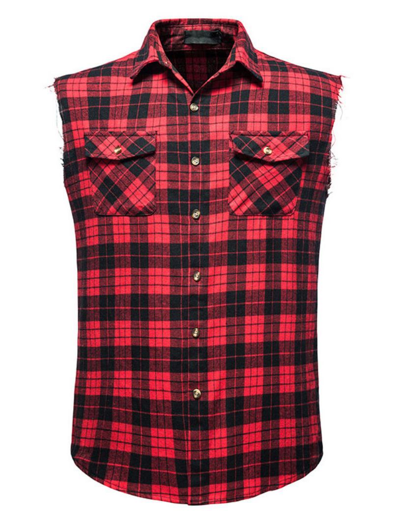 Camisa Casual Masculina Com Gola Redonda Xadrez Camisas Masculinas Vermelhas - Vermelho