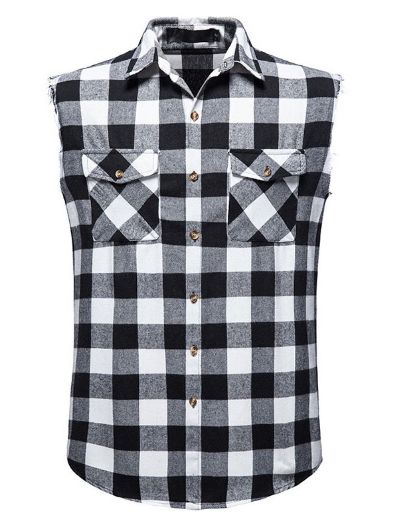 Camisa Casual Masculina Com Gola Redonda Xadrez Camisas Masculinas Vermelhas - Preto