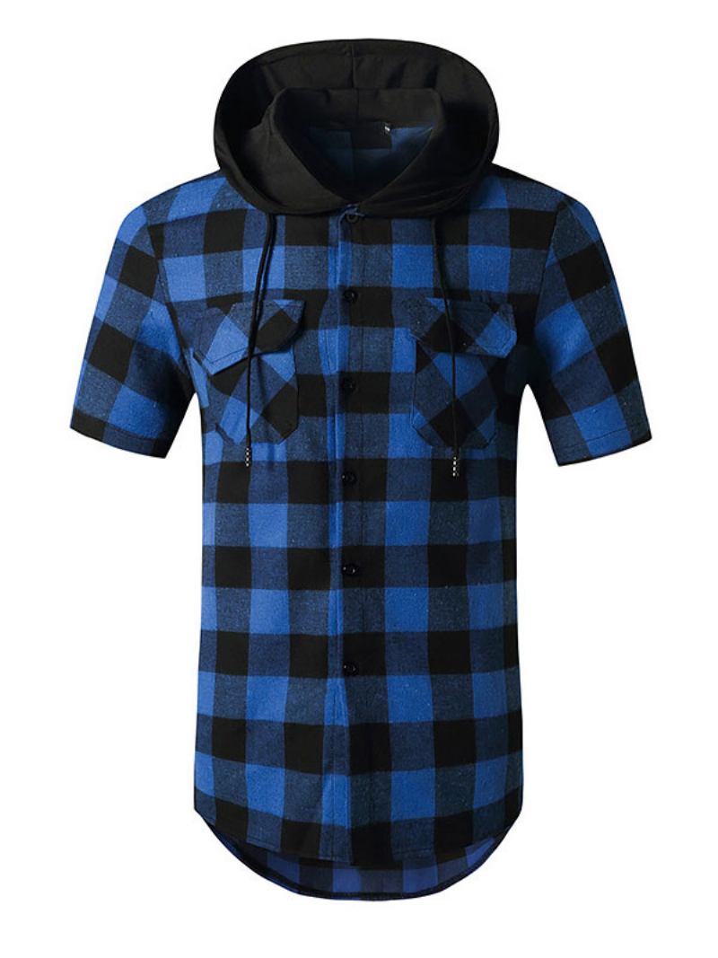 Camisa Casual Para Homens Com Capuz Xadrez Camisas Masculinas Vermelhas - Azul