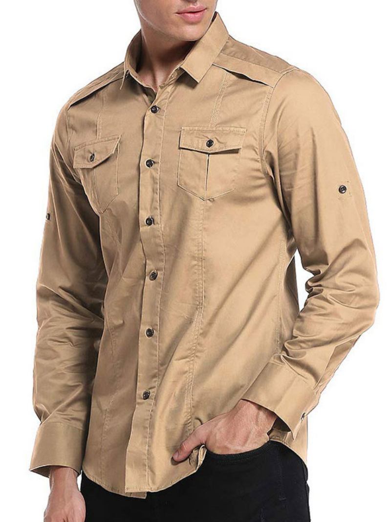 Camisa Masculina Casual Gola Redonda Removível Cinza Camisas Masculinas - Cáqui