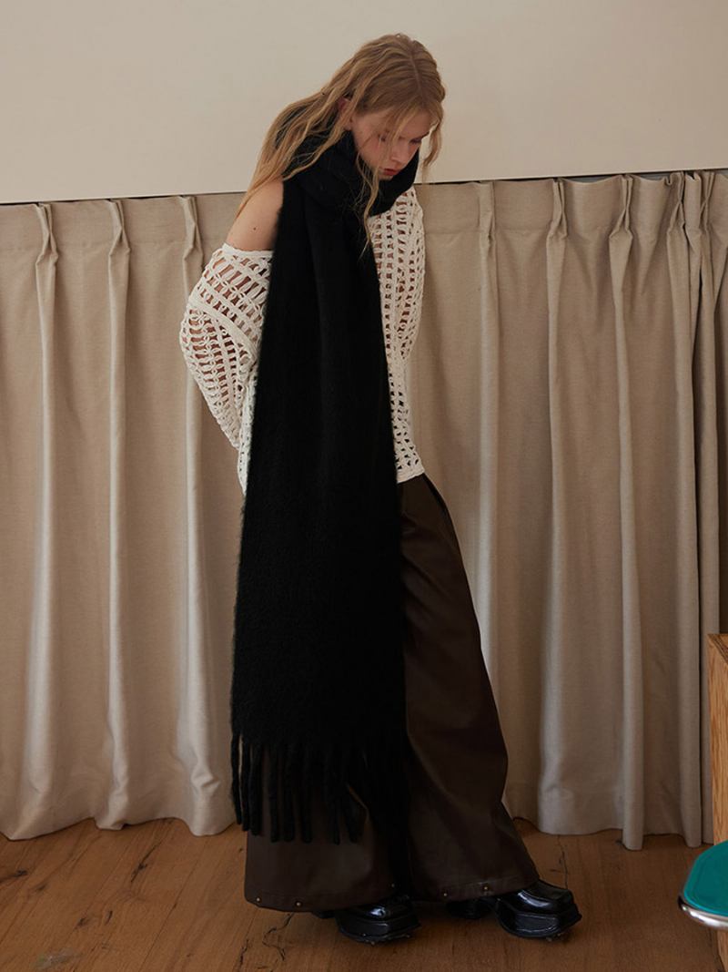 Cachecol Com Franja Cor Sólida Chique Moderno Outono Inverno Silencioso Para Mulheres - Preto