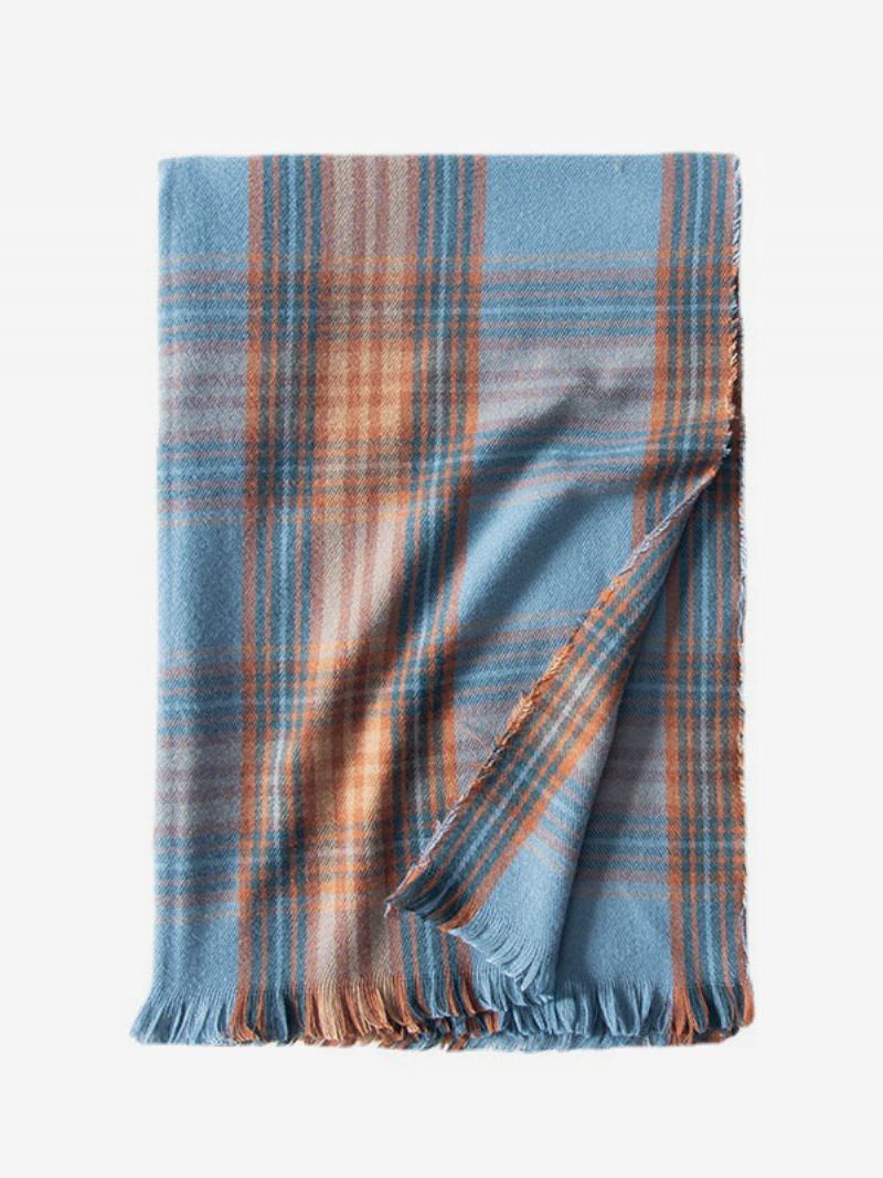 Lenço Feminino Atraente Xadrez Franja Fibra Inverno Quente Cachecóis Longos - Azul Céu Claro