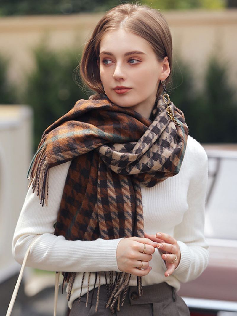 Lenço Feminino Encantador Xadrez Franja Fibra Inverno Quente Cachecóis Longos - Castanho Café
