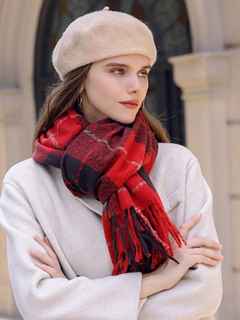 Lenço Feminino Vintage Com Franjas Xadrez Clássico Para Outono E Inverno - Vermelho