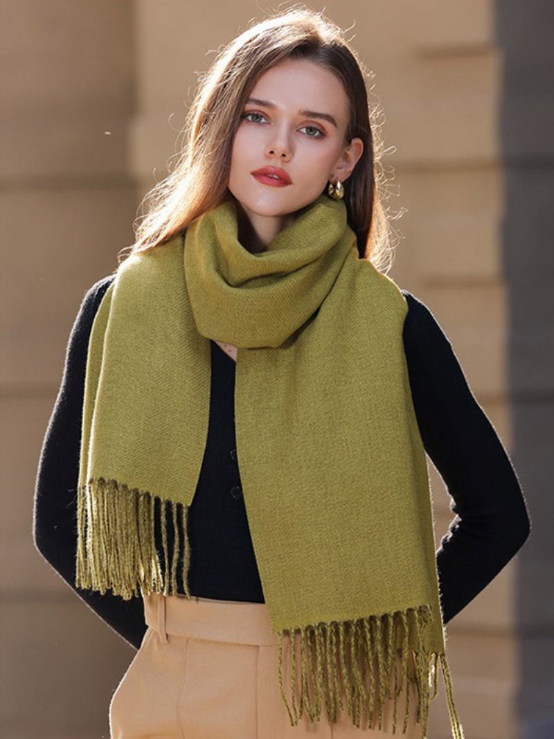 Lenço Manta Com Borla Cor Sólida Vintage Outono Inverno Envoltório Para Mulheres - Azeitona