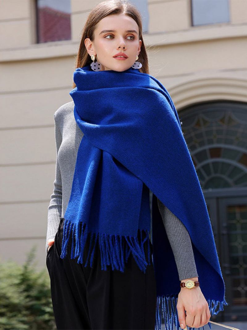 Lenço Manta Com Borla Cor Sólida Vintage Outono Inverno Envoltório Para Mulheres - Marinho Escuro