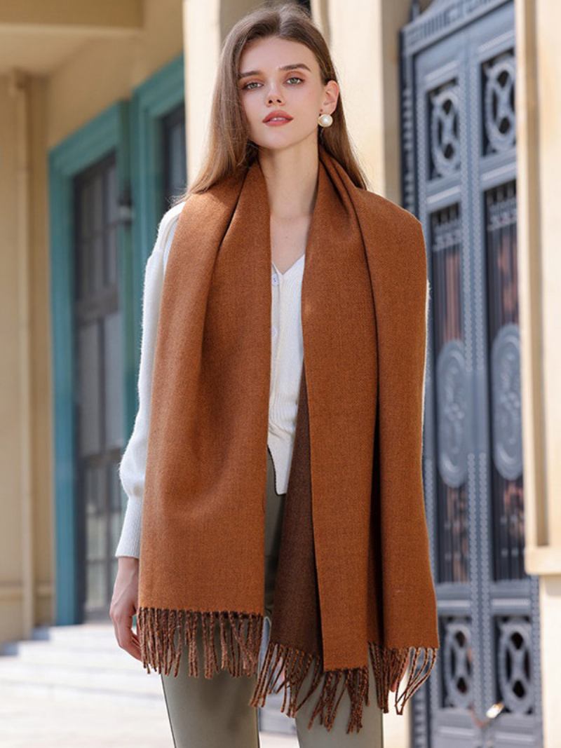 Lenço Manta Com Borla Cor Sólida Vintage Outono Inverno Envoltório Para Mulheres - Castanho Café