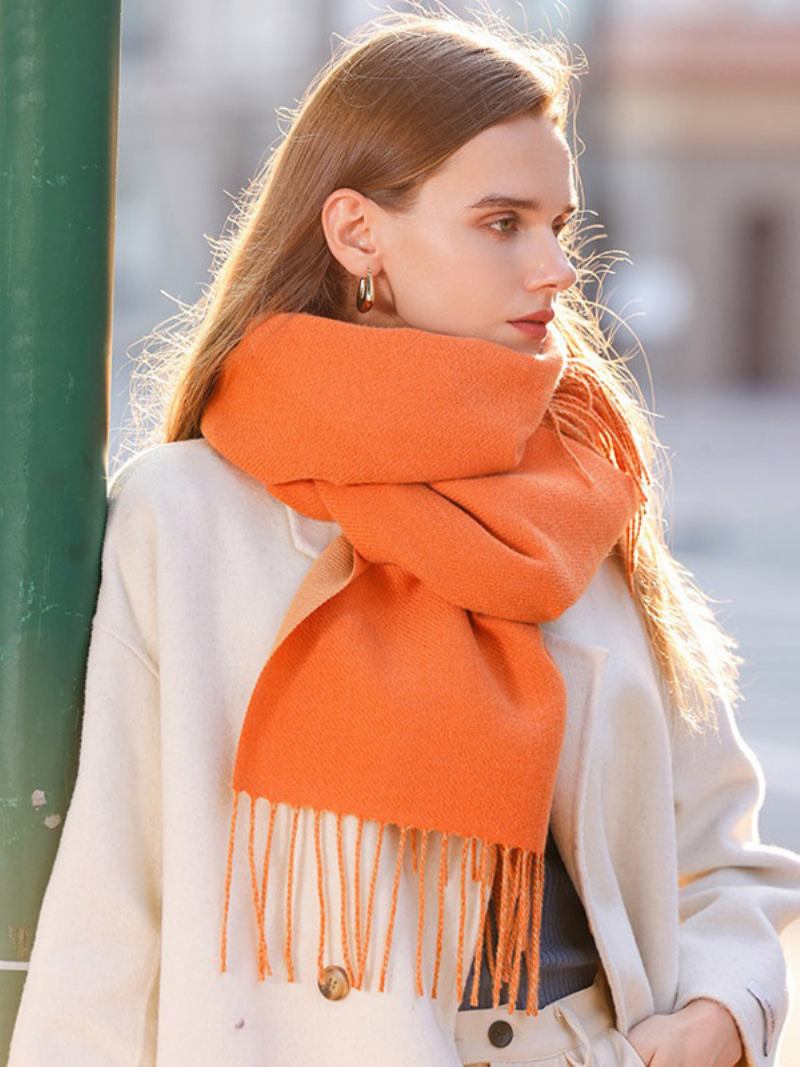 Lenço Manta Com Borla Cor Sólida Vintage Outono Inverno Envoltório Para Mulheres - Laranja