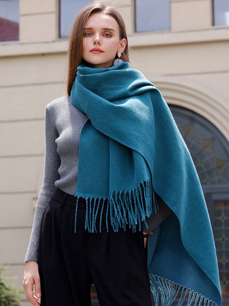 Lenço Manta Com Borla Cor Sólida Vintage Outono Inverno Envoltório Para Mulheres - Aqua