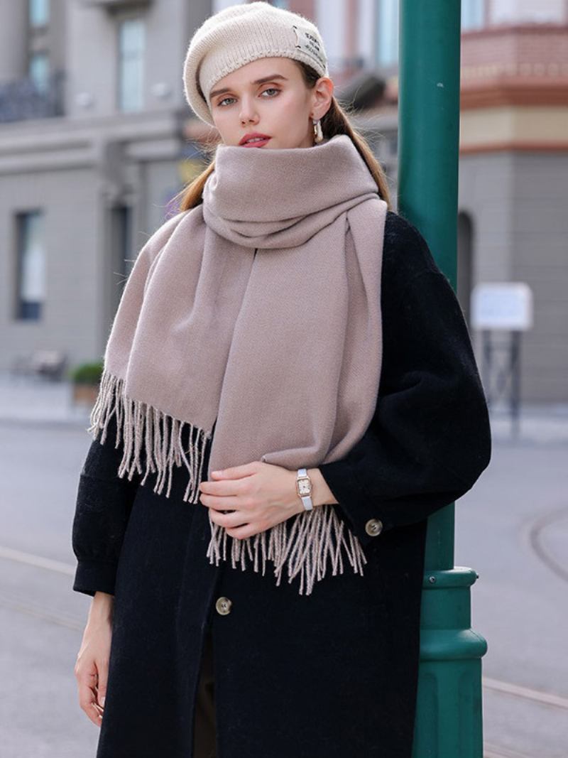 Lenço Manta Com Borla Cor Sólida Vintage Outono Inverno Envoltório Para Mulheres - Cáqui