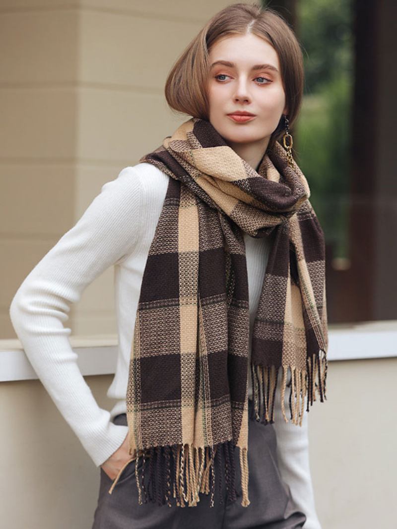 Lenço Para Mulheres Linda Xadrez Franja Fibra Inverno Quente Cachecóis Longos - Cáqui
