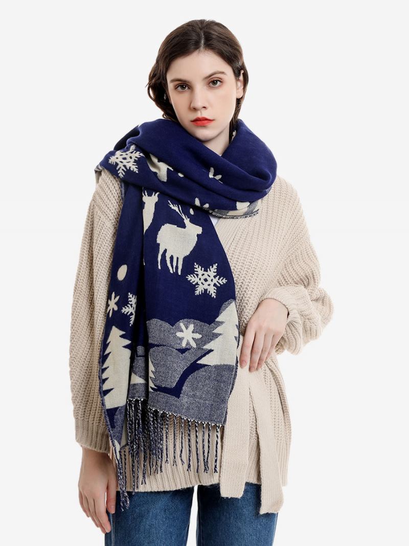 Lenço Para Mulheres Moda Natal Padrão Franja Inverno Quente Acc -  Azul