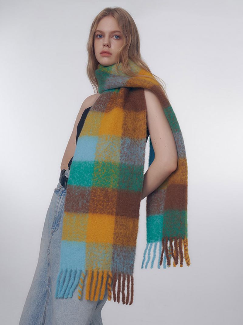 Lenço Xadrez Colorido Com Franjas Lenços Femininos Da Moda Vintage -  Azul Céu Claro 