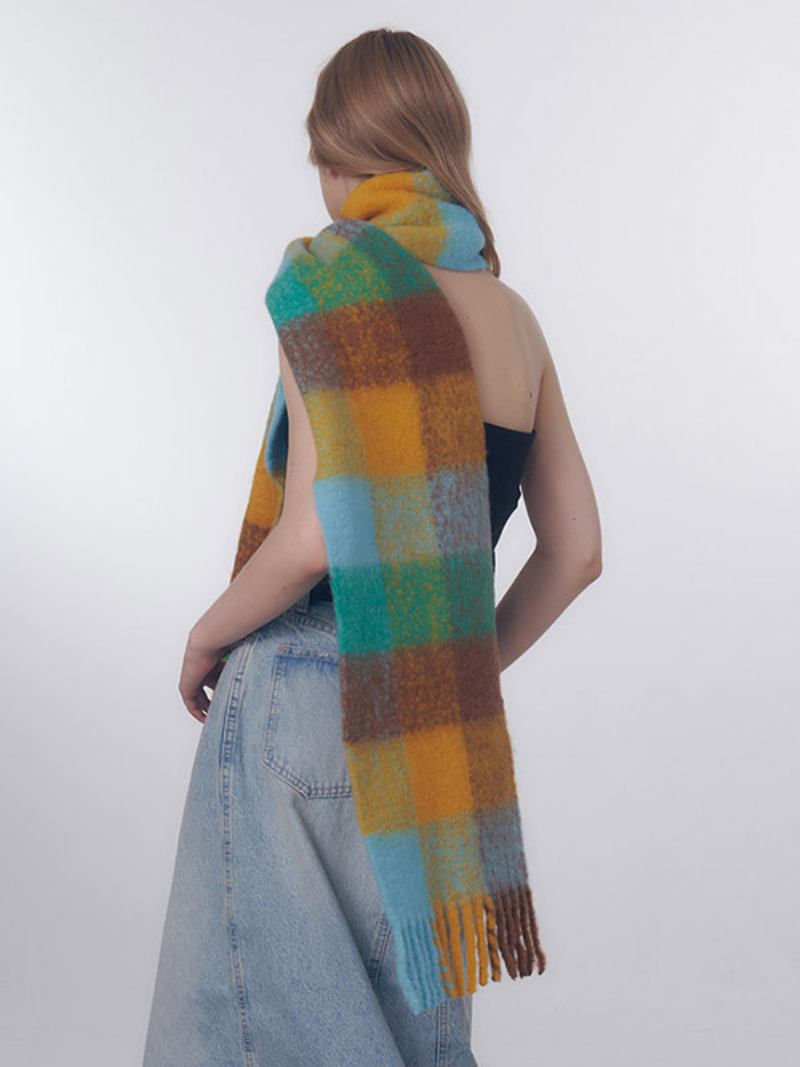 Lenço Xadrez Colorido Com Franjas Lenços Femininos Da Moda Vintage -  Azul Céu Claro 