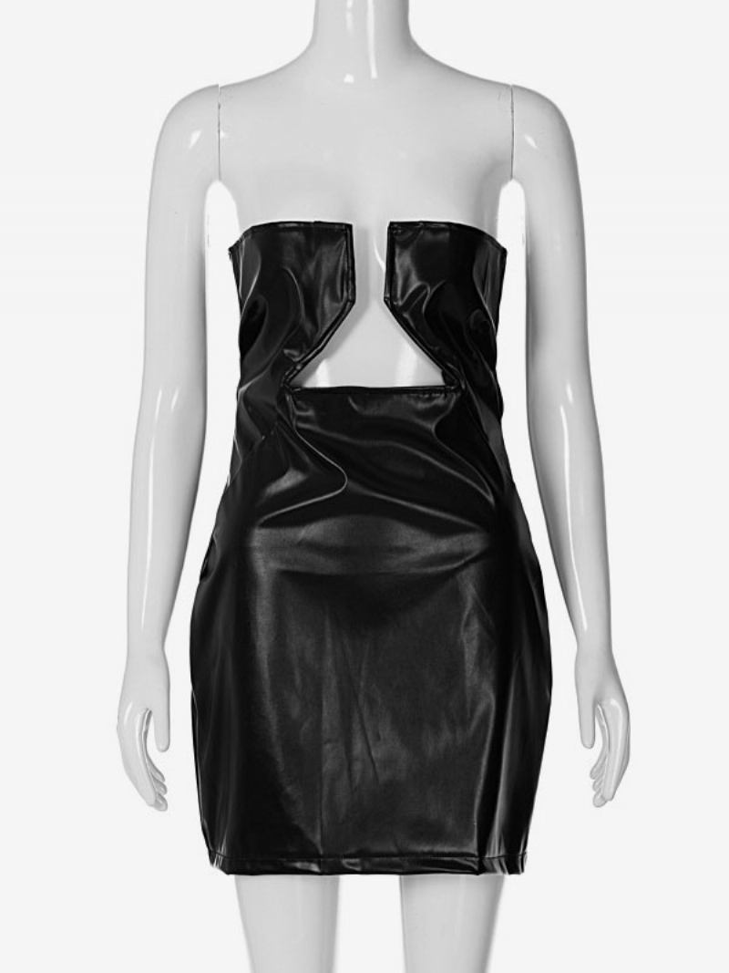 Vestido Bodycon Aniversário Para Mulheres Sem Alças Com Recorte Em Couro Pu Sexy Clube - Preto