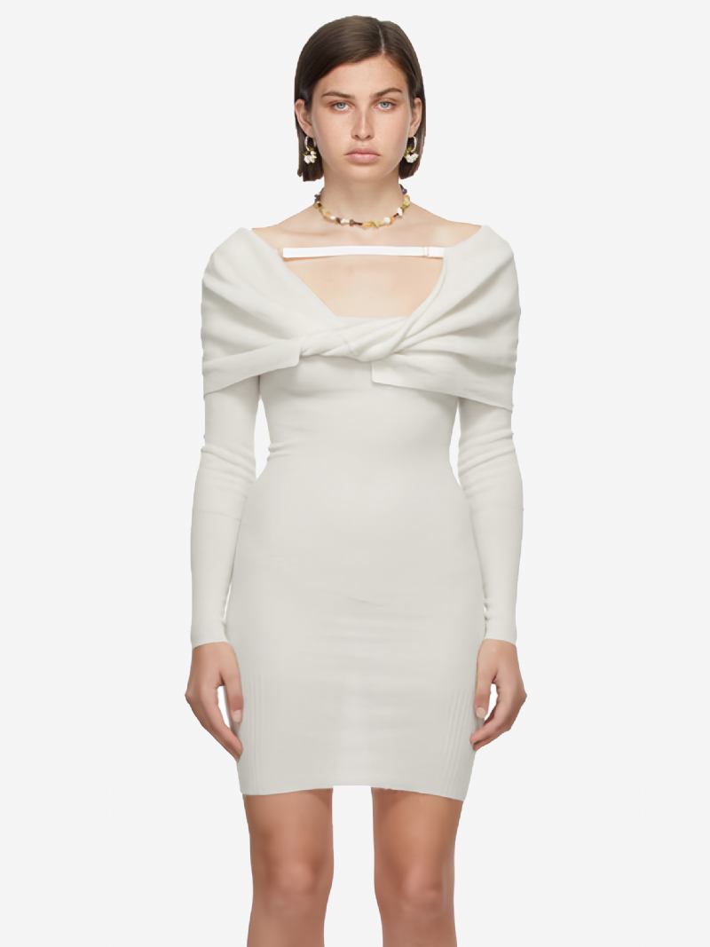 Vestido Bodycon Branco Feminino Dobrável Mangas Compridas Minivestidos Lápis Na Frente Torcida