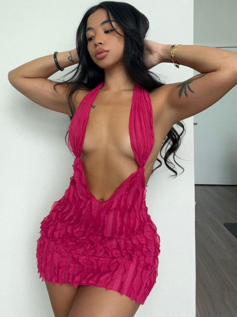 Vestido Clube Para Mulheres Rosa Com Decote Em V Sem Mangas Sexy Minivestido - Rosa
