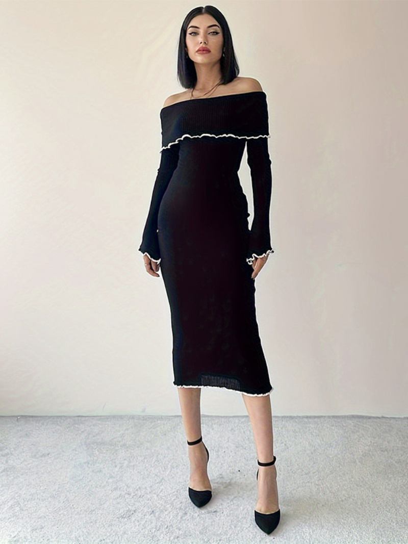 Vestido Feminino Dobrável Bodycon Contrastante Fora Do Ombro Vestidos Midi