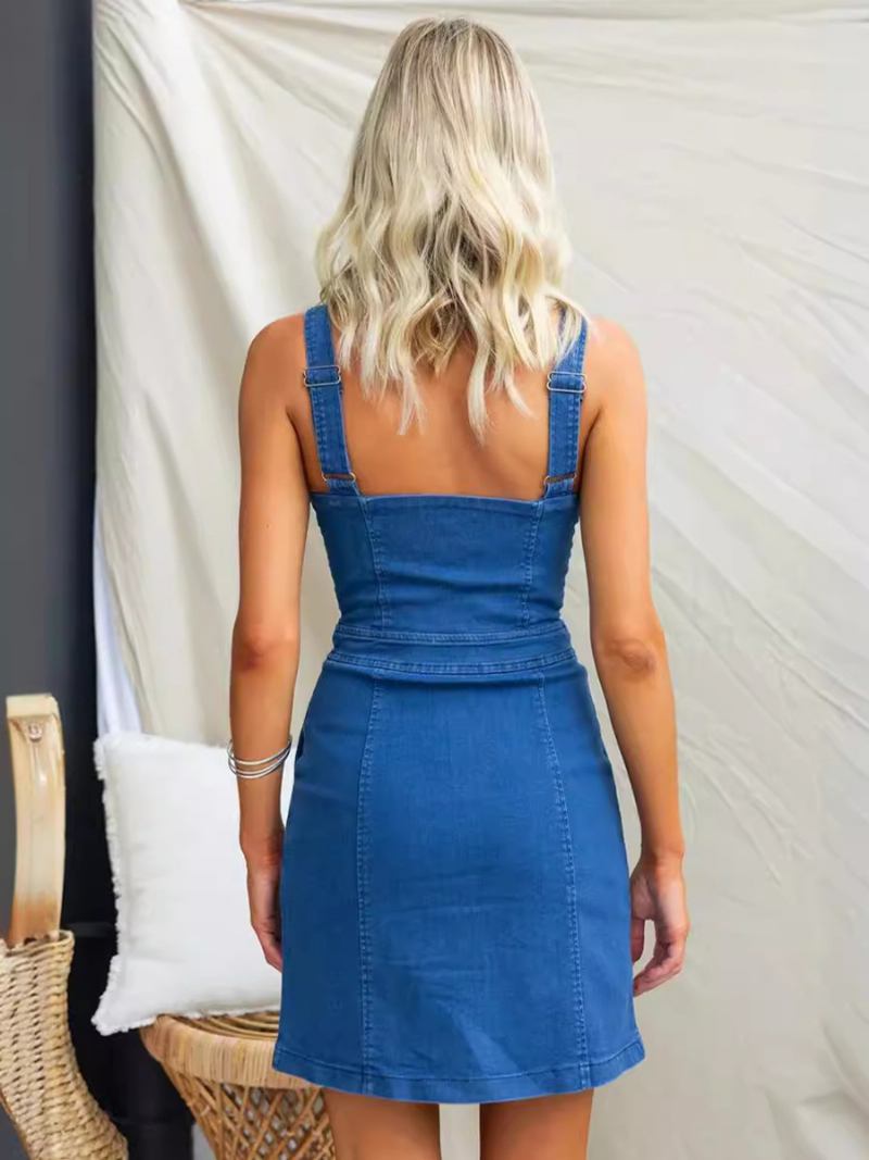 Vestidos Bodycon Femininos Azul Com Decote Em U Zíper Sexy Vestido Lápis Sem Mangas - Azul 