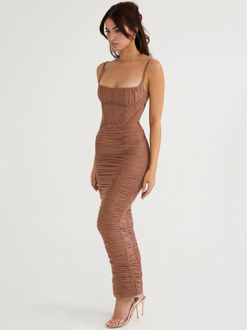 Vestidos Bodycon Femininos Com Alças No Pescoço Elástico Casual Sem Mangas Vestido Maxi Baile - Castanho Café