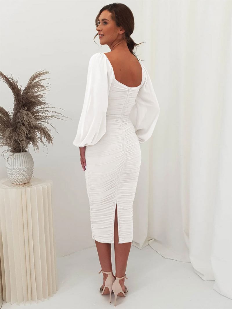 Vestidos Bodycon Femininos Com Decote Quadrado E Mangas Compridas Semi Formal Vestido Midi Baile - Bege