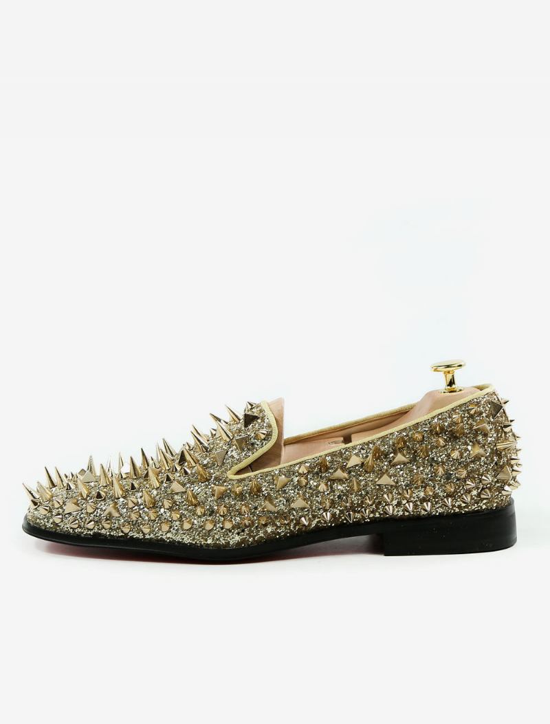 Mocassins Masculinos Dourados Para Festa Baile Sapatos Casamento Bico Redondo Rebites Couro Com Pontas - Ouro