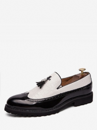 Mocassins Masculinos Preto E Branco Com Ponta Asa Taseel Slip-on Sapatos Formais Festa Baile