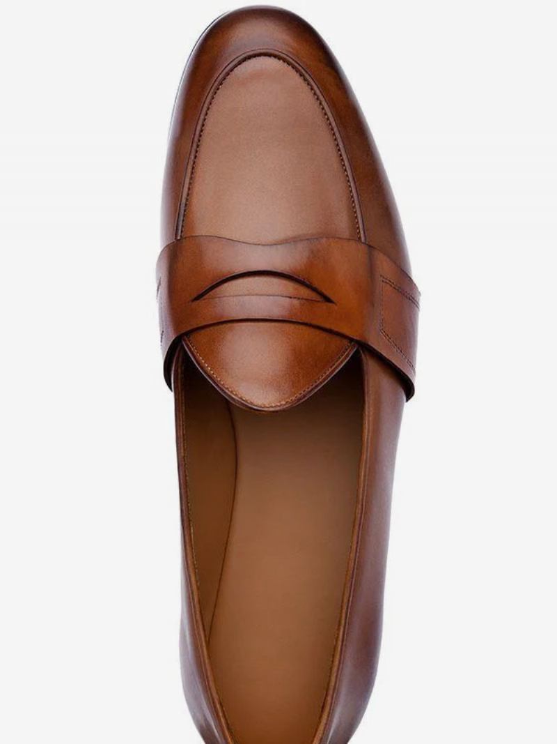 Mocassins Masculinos Slip-on Com Bico Redondo E Sapatos Noivo - Mogno