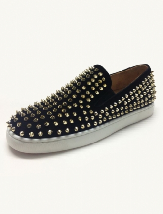 Tênis Masculino Camurça Preta Com Rebites Planos Slip-on