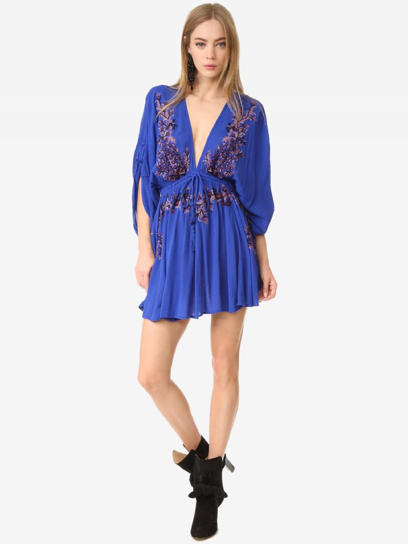 Boho Vestido Vermelho Algodão Profundo Decote Em V Manga Longa Trompete Boêmio Cigano Bordado Férias Primavera Outono Mini Praia Para Mulher - Azul