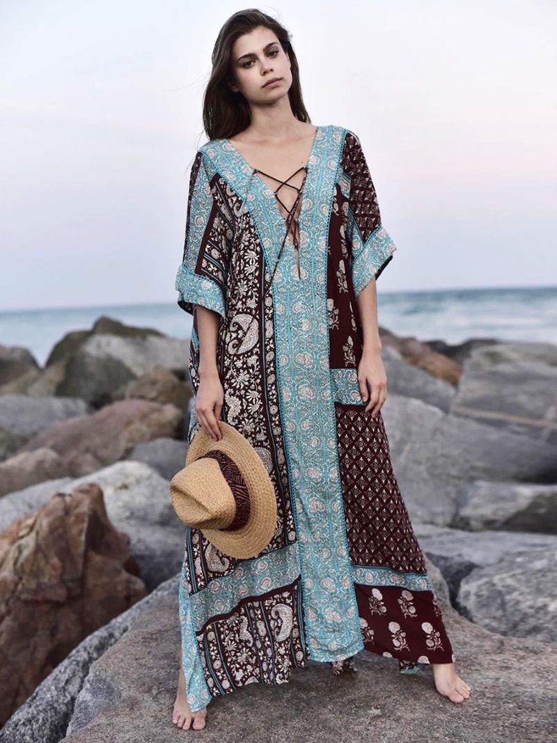 Mulher Cover Ups Luz Céu Azul Impresso Rendas Até Decote Em V Meia Mangas Alta Fenda Verão Sexy Roupa Banho