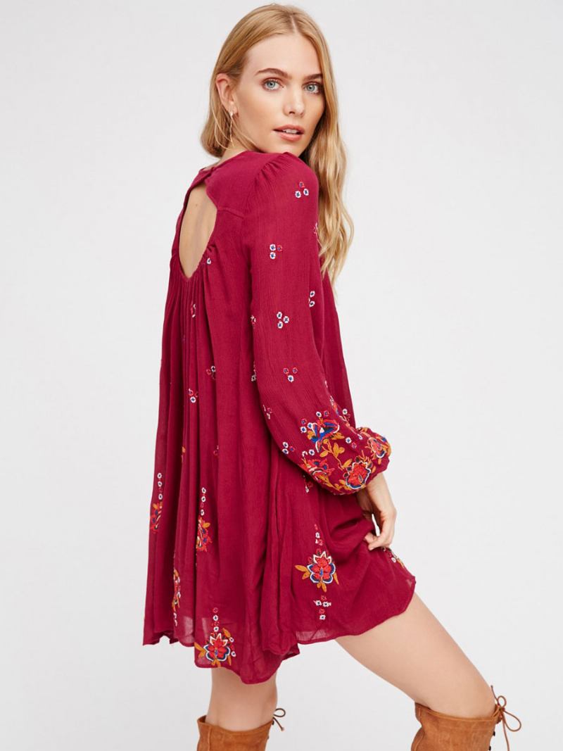Vestido Boho Com Gola Alta Mangas Compridas Bordado Boêmio Cigano Praia Férias Branco Primavera Verão Curto Para Mulheres - Vermelho