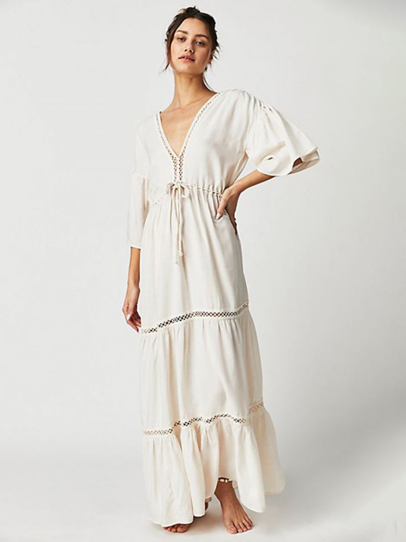 Vestido Boho Feminino Com Decote Em V Corte Baixo Babados Nas Costas Vestidos Maxi Ocos Camadas - Bege