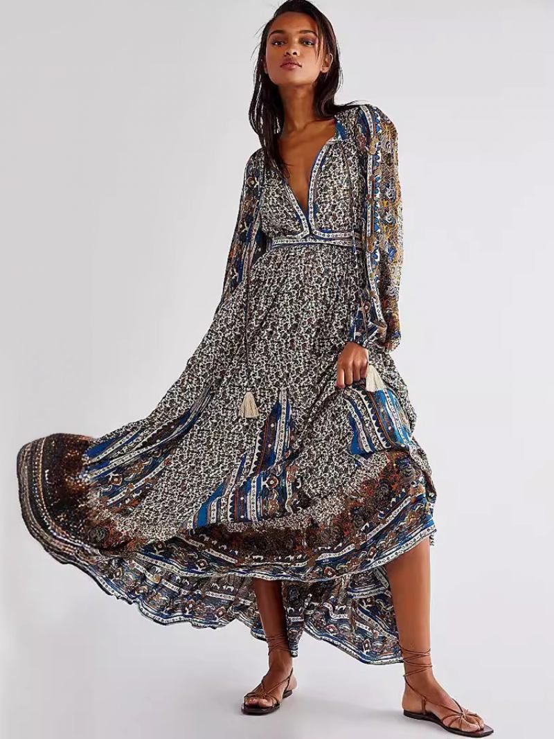 Vestido Boho Feminino Com Decote Em V Mangas Compridas Estampa Floral Verão Renda - Azul