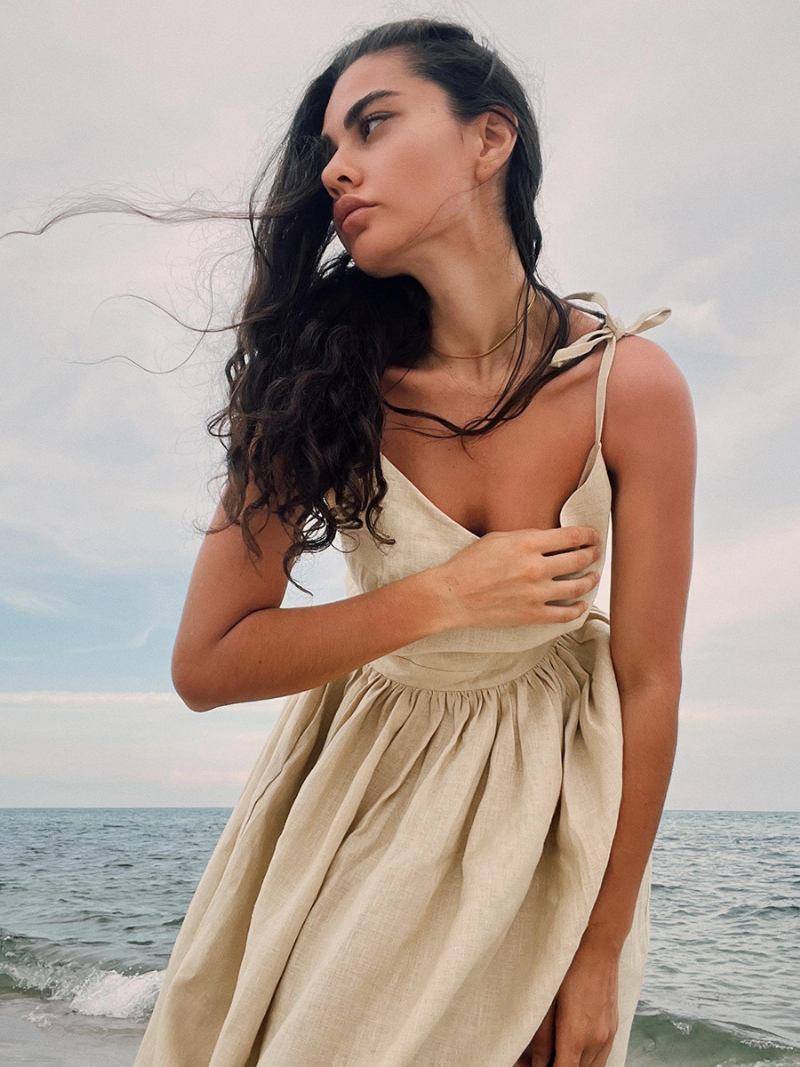 Vestido Boho Feminino Com Decote Em V Sem Mangas Costas Vestidos Casuais Praia Verão - Amarelo Claro