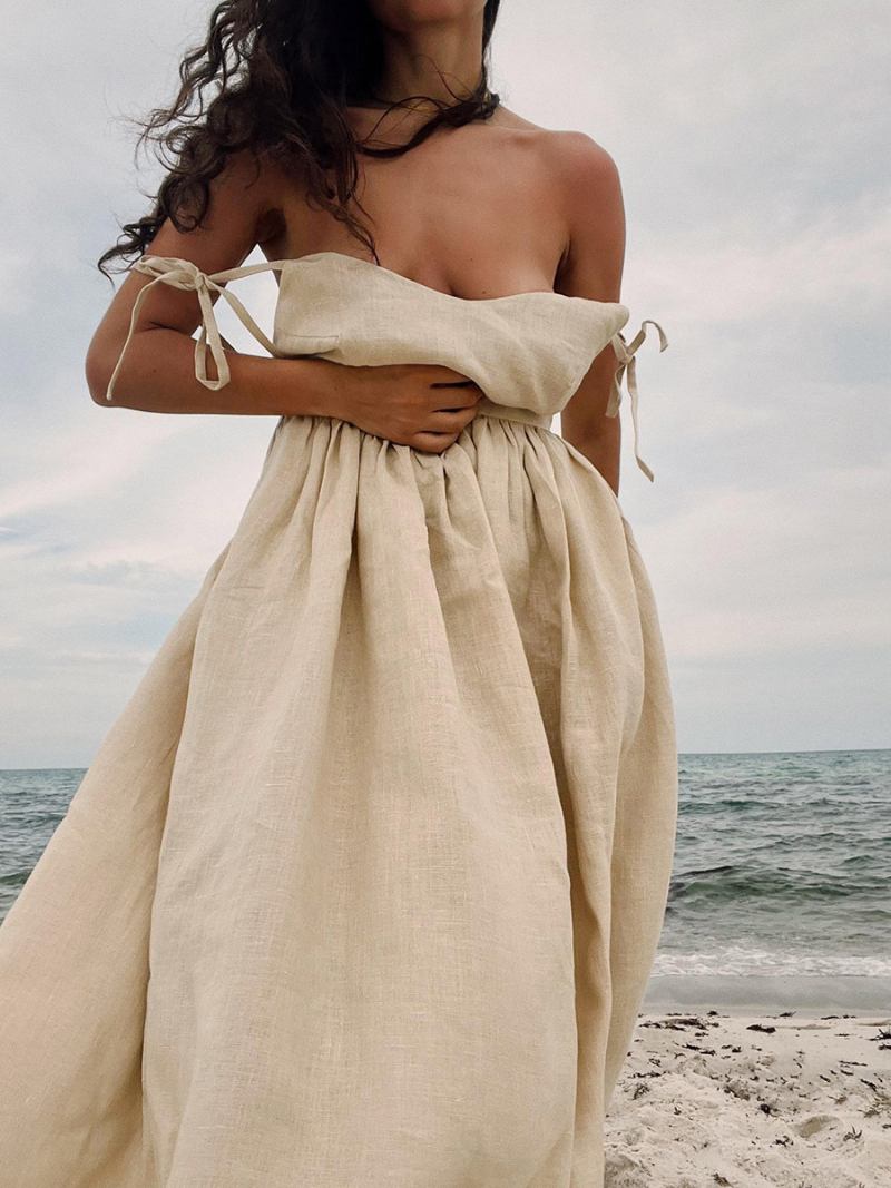 Vestido Boho Feminino Com Decote Em V Sem Mangas Costas Vestidos Casuais Praia Verão - Amarelo Claro