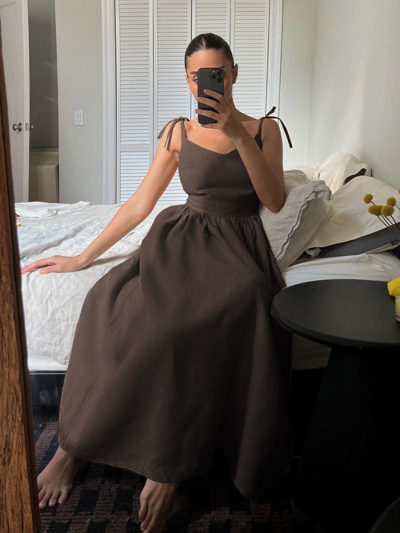 Vestido Boho Feminino Com Decote Em V Sem Mangas Costas Vestidos Casuais Praia Verão - Castanho Café