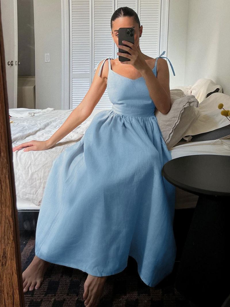 Vestido Boho Feminino Com Decote Em V Sem Mangas Costas Vestidos Casuais Praia Verão - Azul Céu Claro